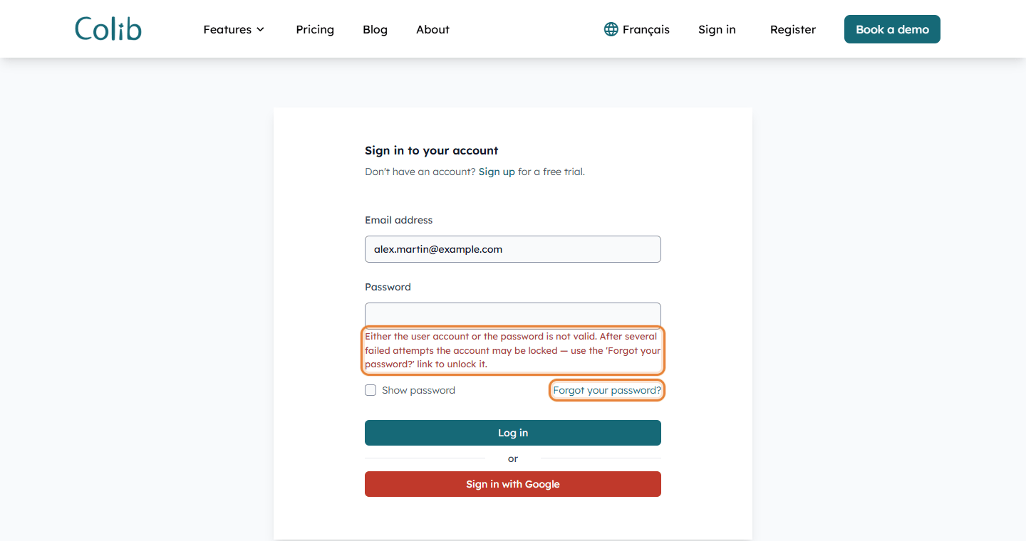 Sign-in page showing the error message and the Forgot your password? link