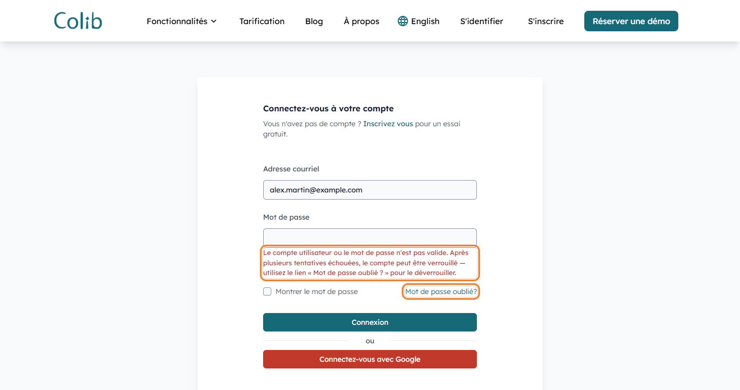 Page de connexion affichant le message d'erreur et le lien Mot de passe oublié?
