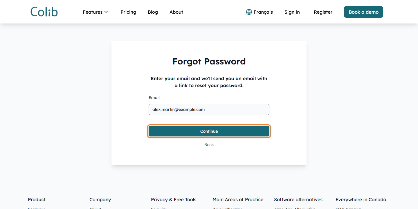Forgot password page where the invited person enters their email address