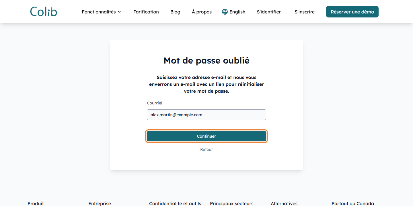 Page Mot de passe oublié où la personne invitée saisit son adresse courriel