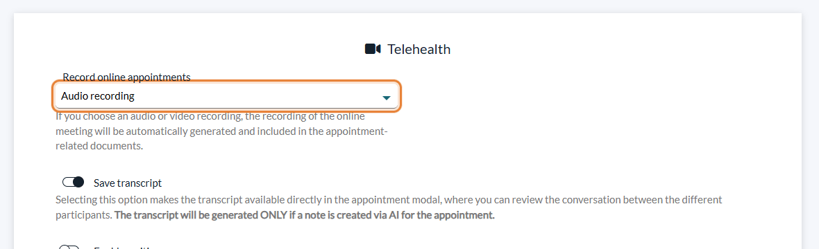 Record online appointments set to Audio recording in Settings > Telehealth