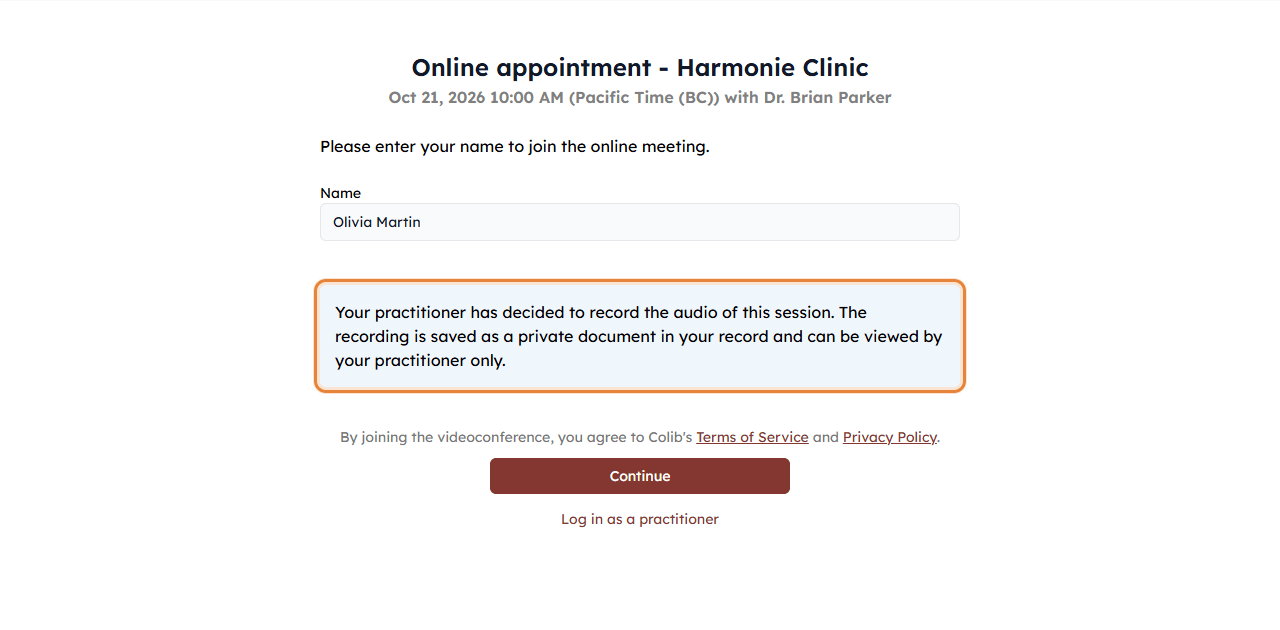 Audio recording notice on the meeting page, before joining the session