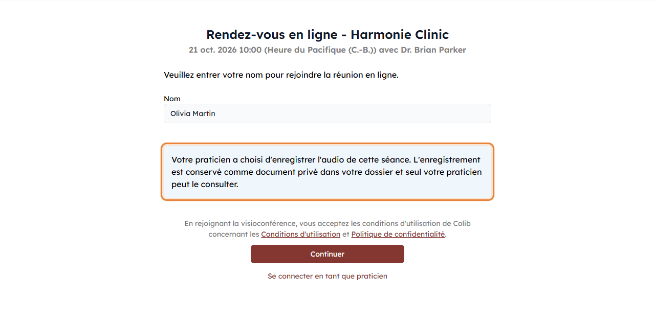 Avis d'enregistrement audio sur la page de la rencontre, avant de se joindre à la séance