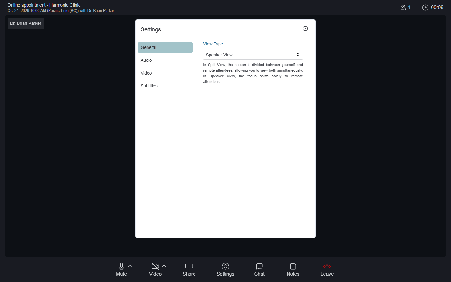 Settings window of the session with the view type
