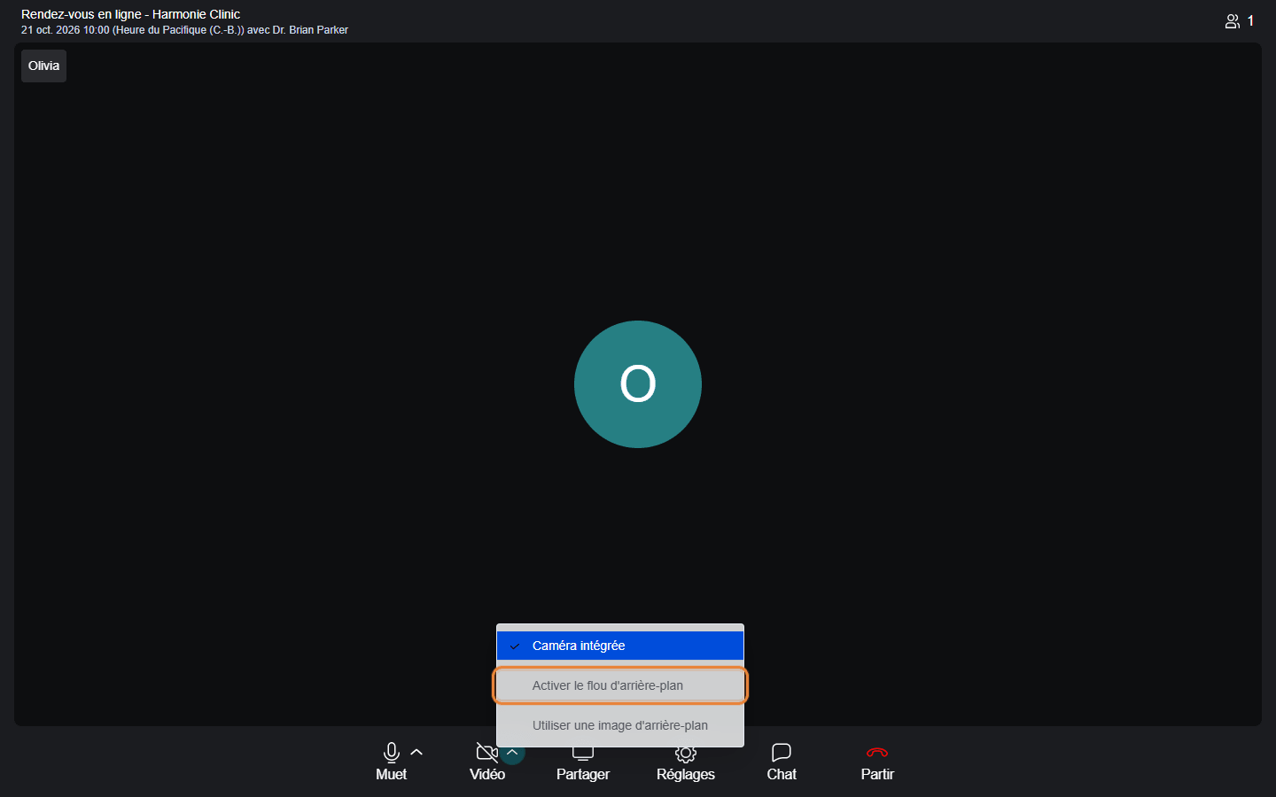 Menu du bouton Vidéo avec Activer le flou d'arrière-plan