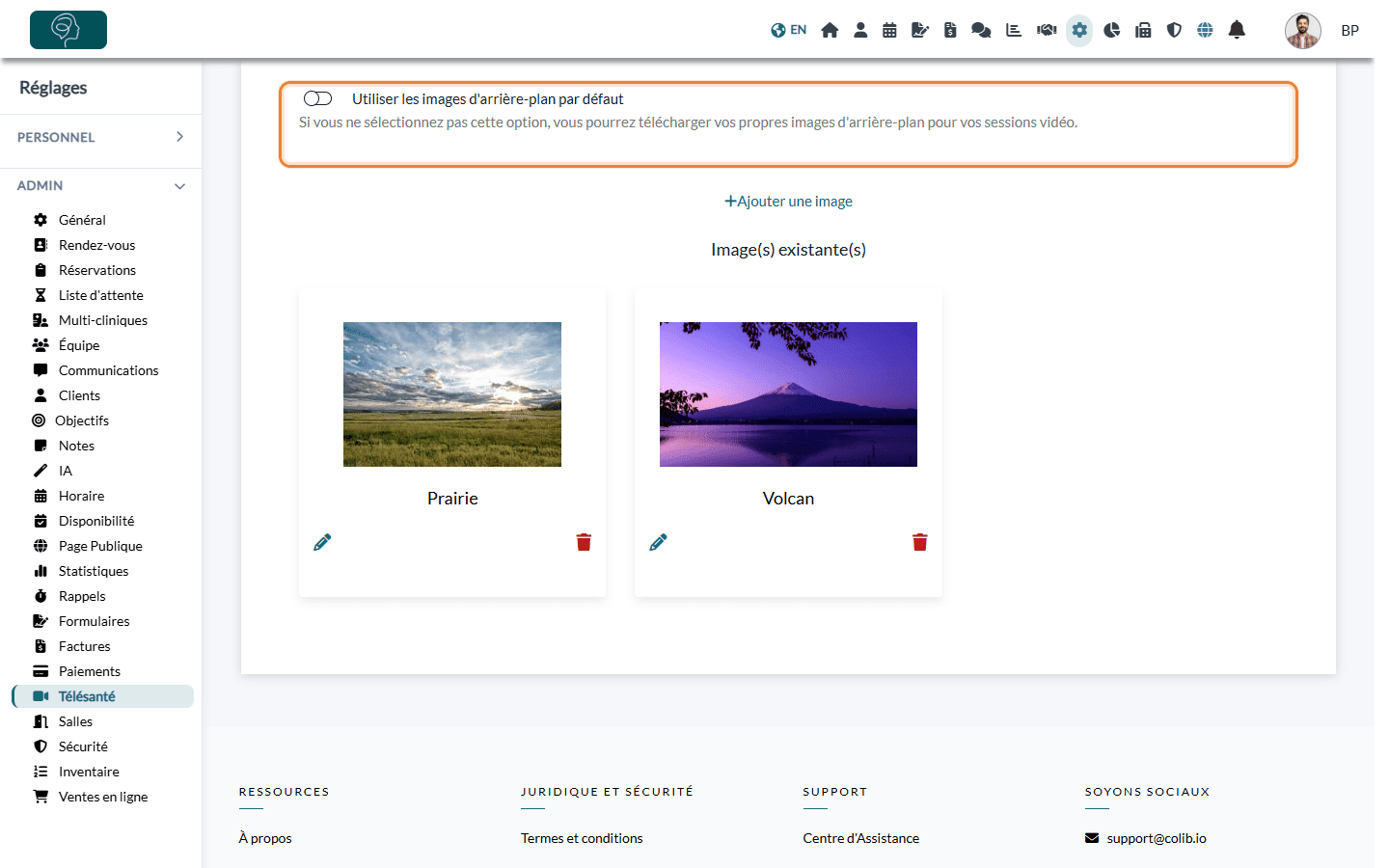 Option Utiliser les images d'arrière-plan par défaut et images existantes dans Réglages > Télésanté