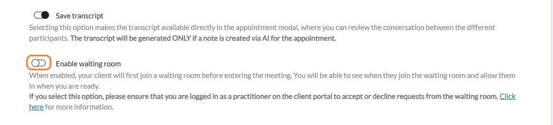 Enable waiting room option in Settings > Telehealth