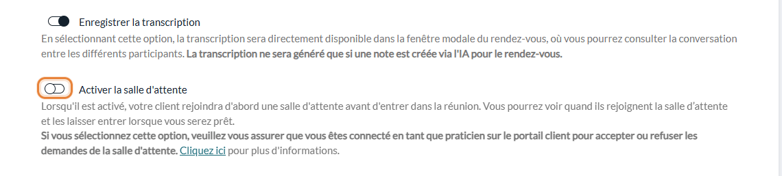 Option Activer la salle d'attente dans Réglages > Télésanté