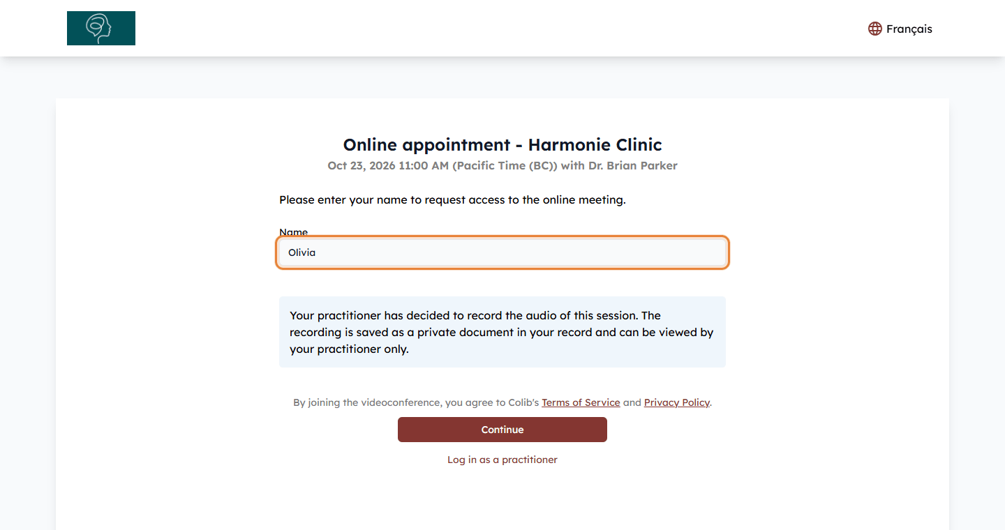 Meeting page asking the client to enter a name to request access