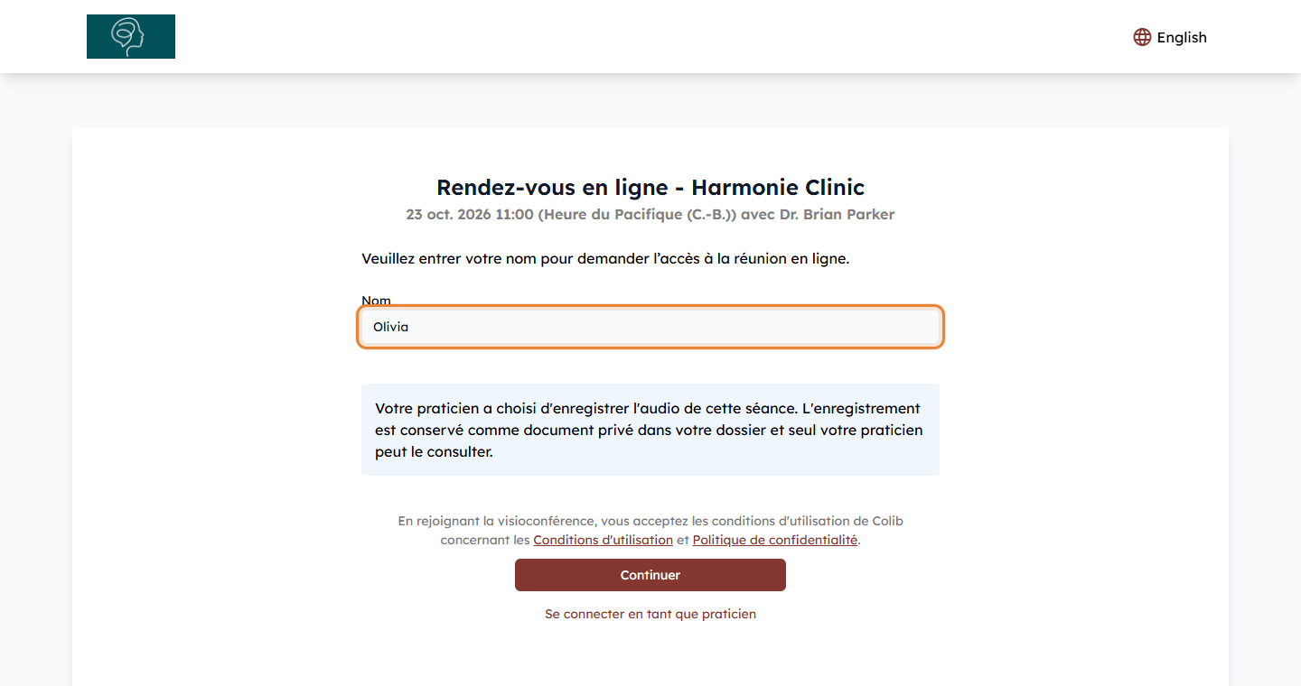 Page de la rencontre demandant au client son nom pour demander l'accès