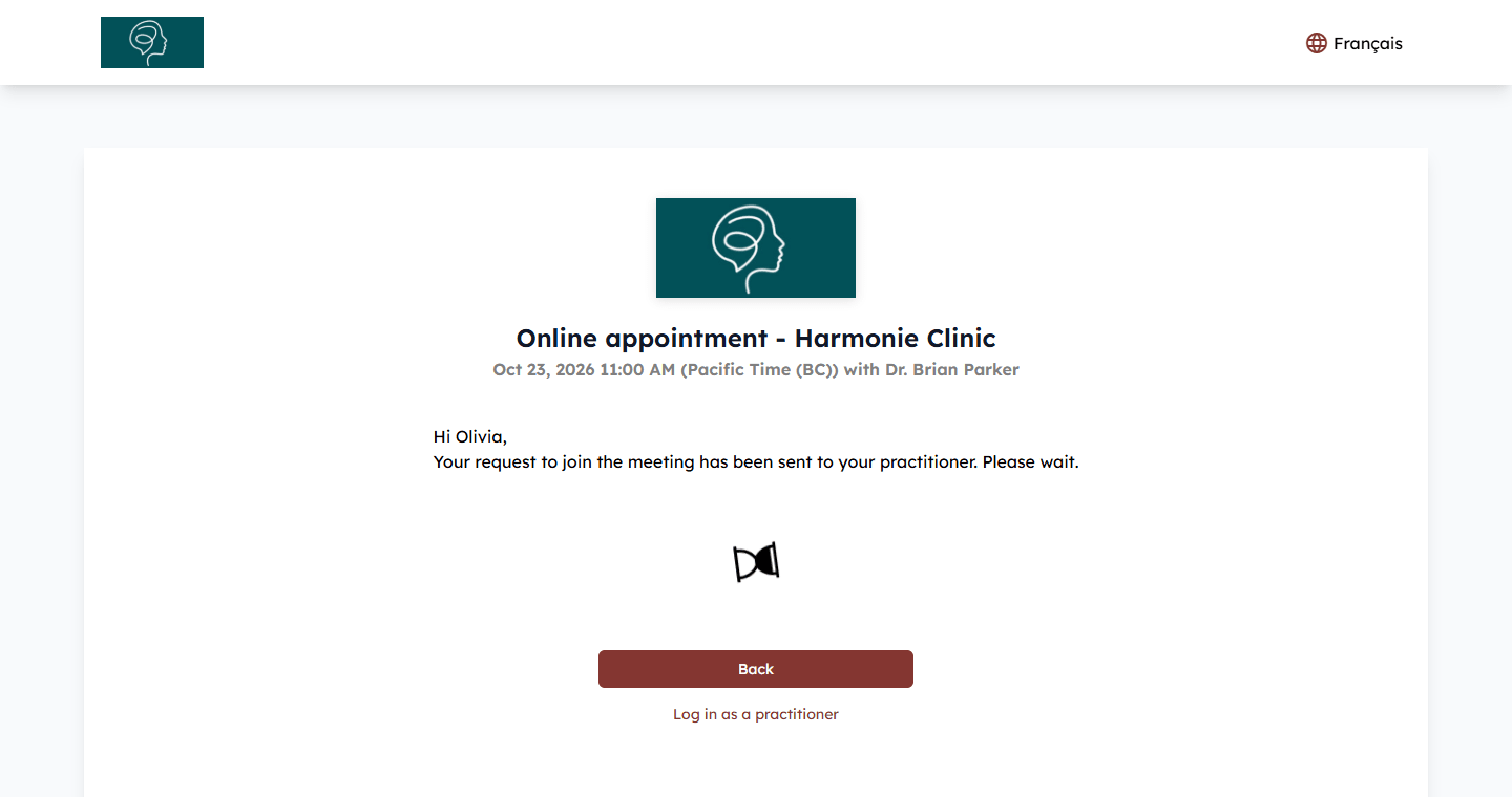 Waiting room of an online appointment with the logo of the practice, its name in the title and a button in its theme color