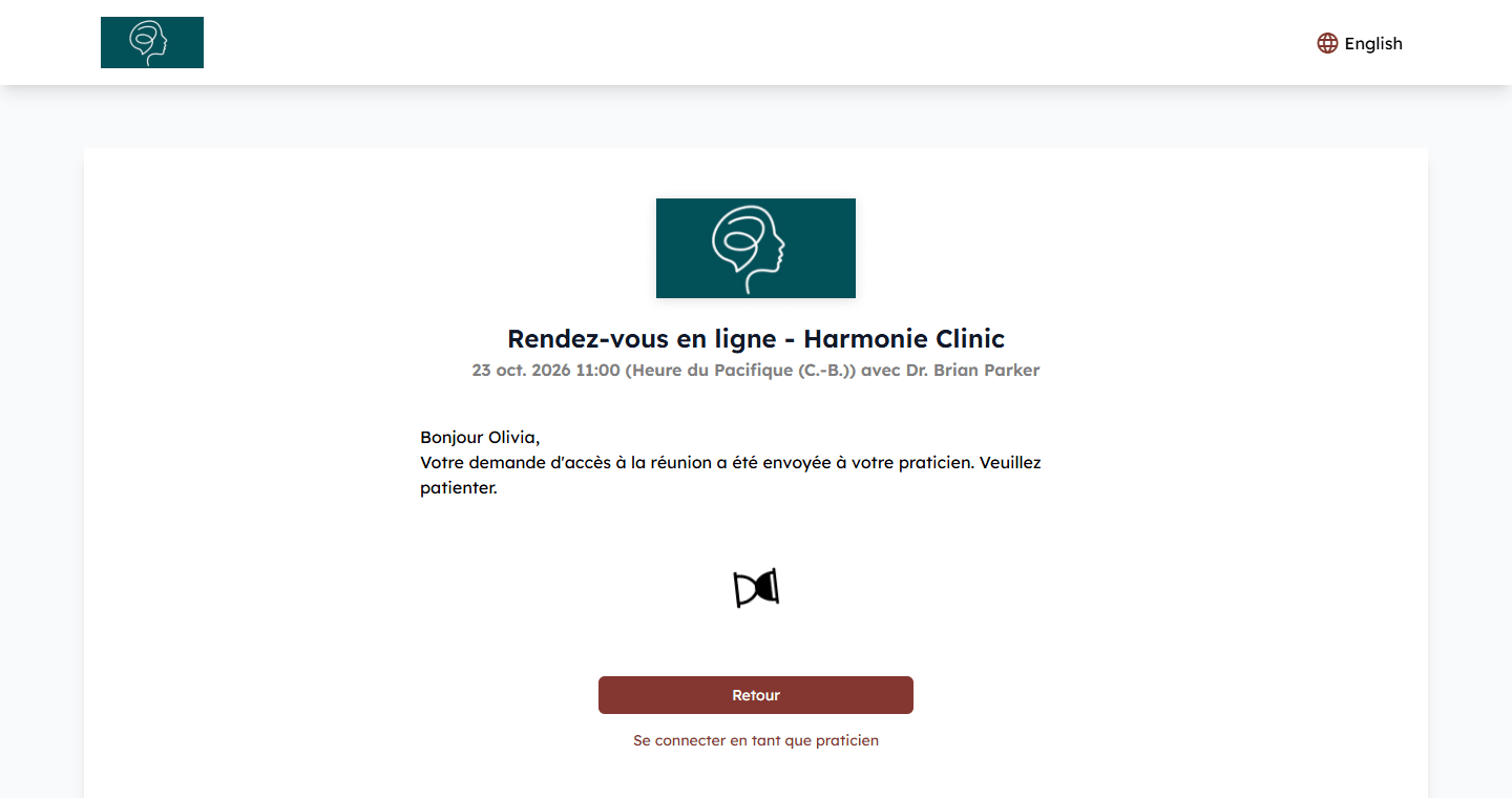Salle d'attente d'un rendez-vous en ligne avec le logo de la clinique, son nom dans le titre et un bouton dans sa couleur de thème