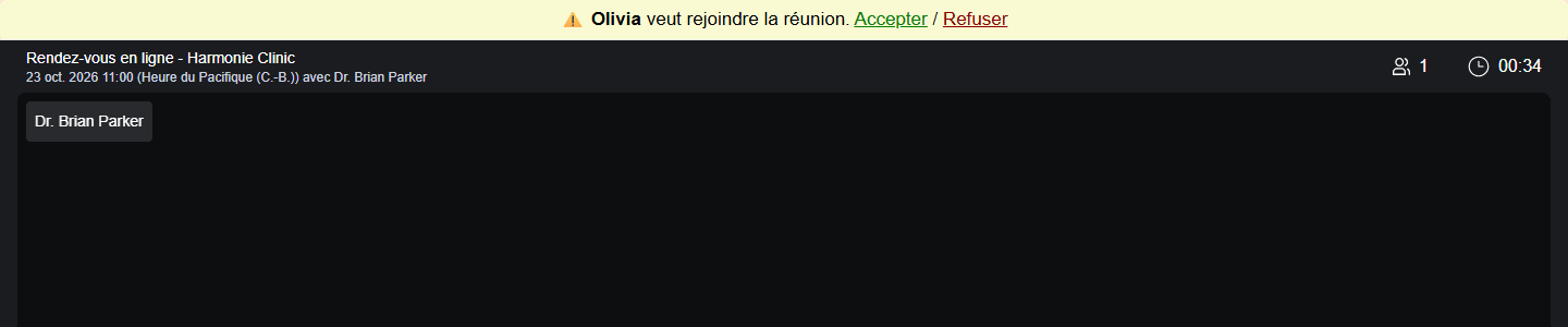 Bannière avec les liens Accepter et Refuser en haut de la rencontre en ligne