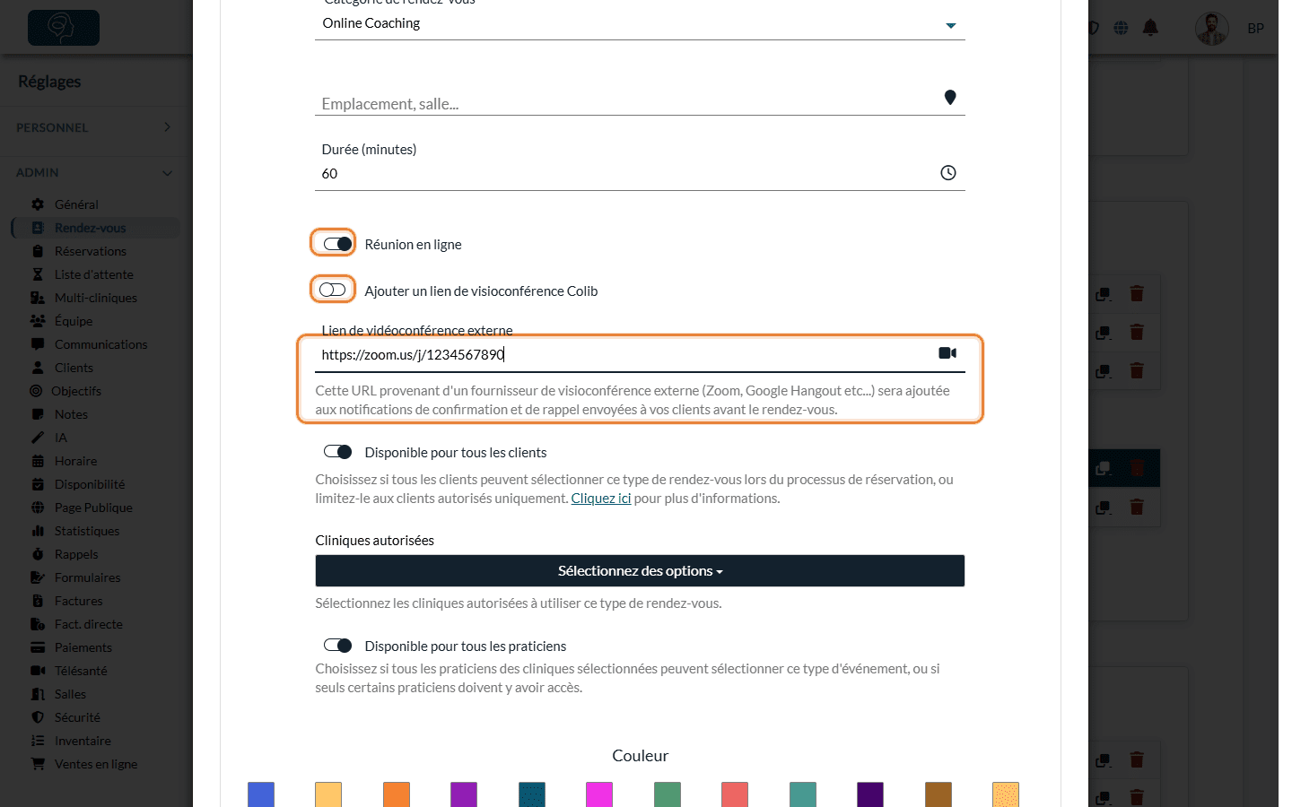 Réunion en ligne activée, lien Colib désactivé et lien de vidéoconférence externe rempli