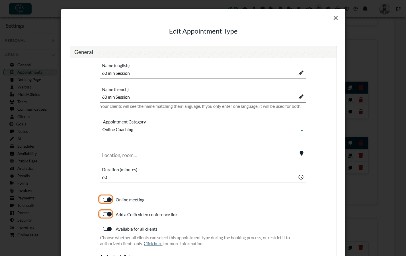 Online meeting and Add a Colib video conference link options of an appointment type