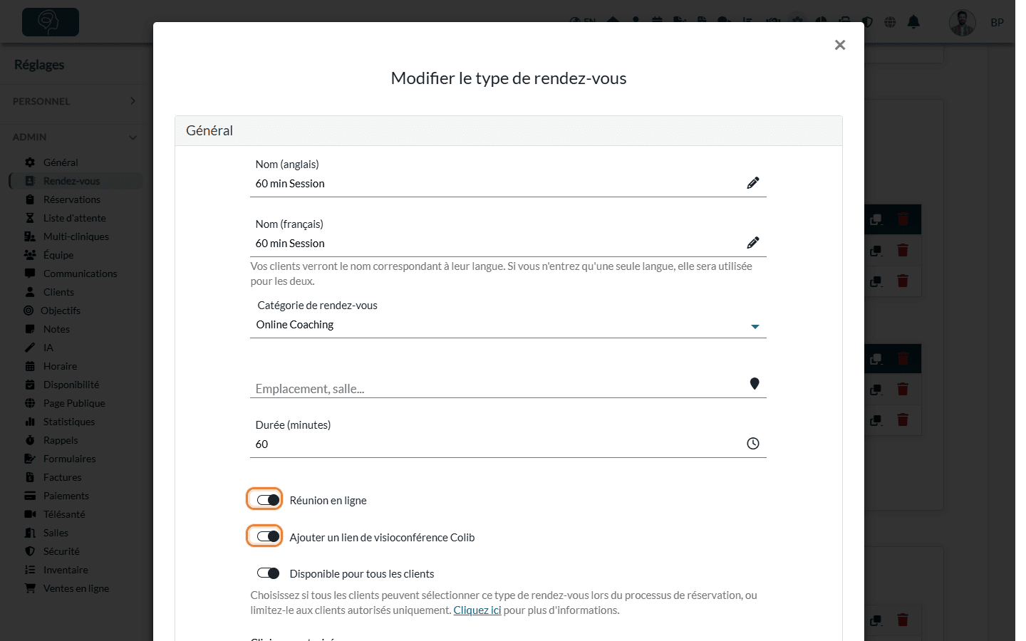 Options Réunion en ligne et Ajouter un lien de visioconférence Colib d'un type de rendez-vous