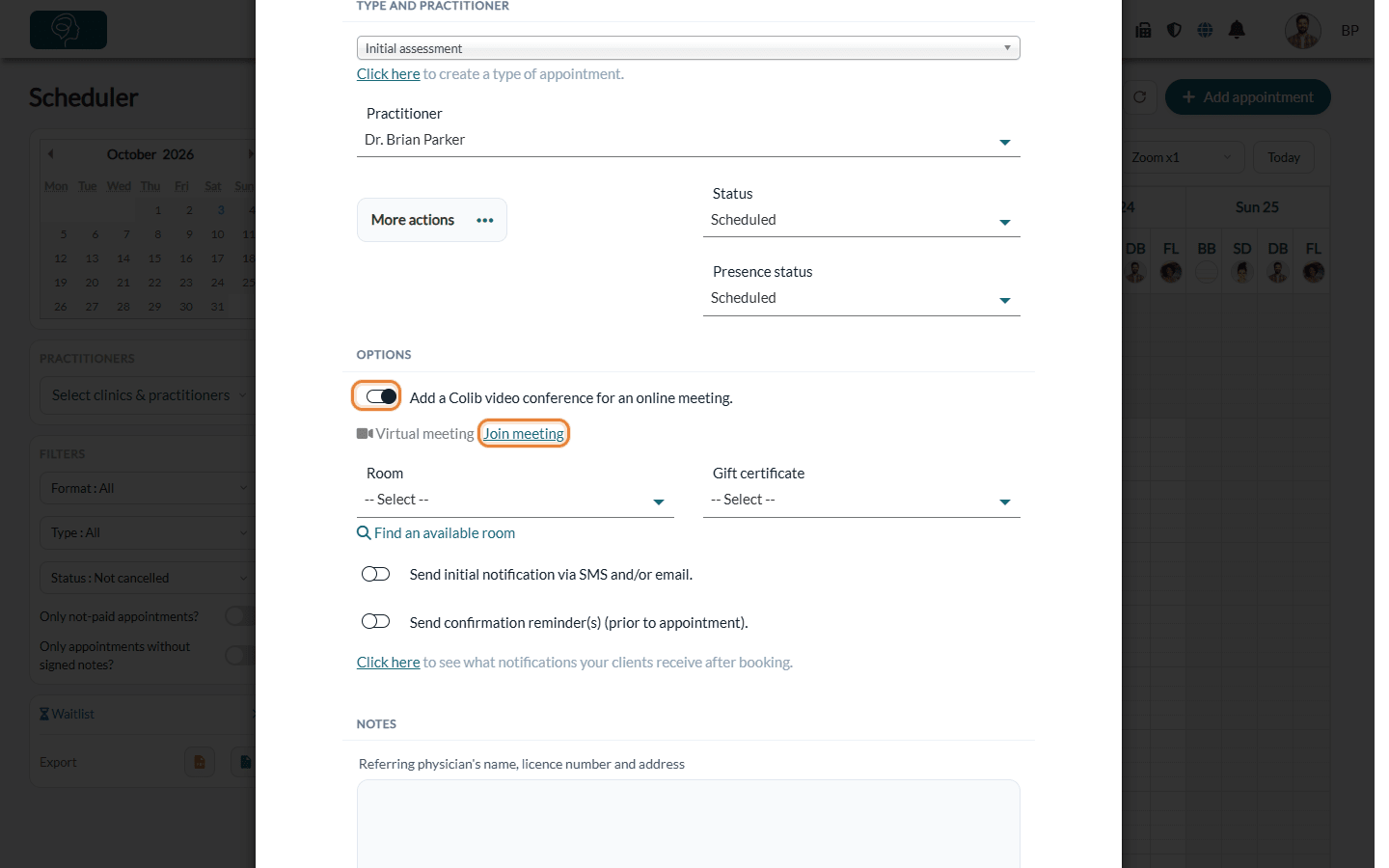 Add a Colib video conference for an online meeting option and Join meeting link in the appointment window