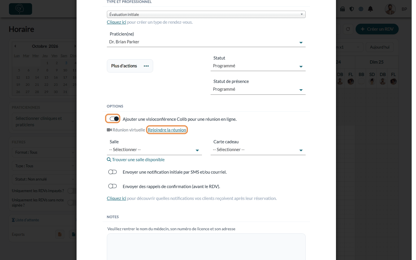 Option Ajouter une visioconférence Colib pour une réunion en ligne et lien Rejoindre la réunion dans la fenêtre du rendez-vous