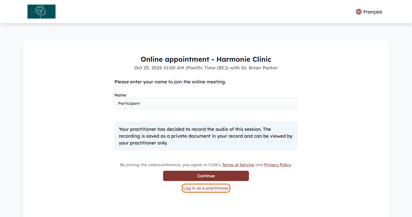 Log in as a practitioner link on the meeting page
