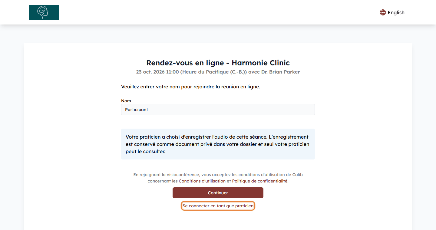Lien Se connecter en tant que praticien sur la page de la rencontre