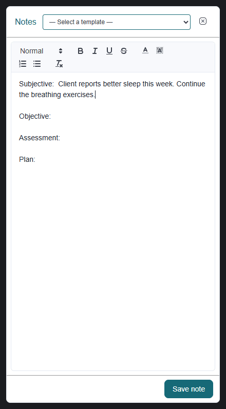 Notes panel with a template and some text