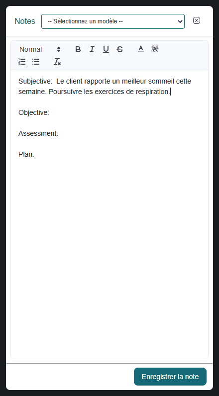 Panneau des notes avec un modèle et du texte