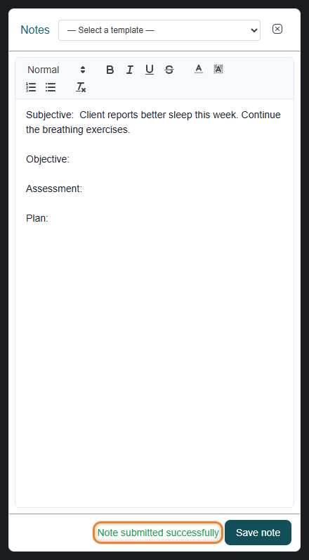 Note submitted successfully message in the notes panel