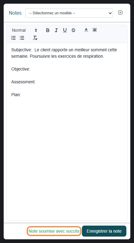 Message Note soumise avec succès dans le panneau des notes
