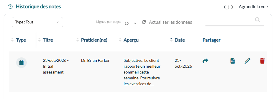 La note enregistrée pendant la séance dans l'onglet Notes du dossier client