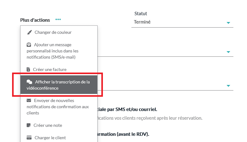 Afficher la transcription de la vidéoconférence dans le menu Plus d'actions du rendez-vous