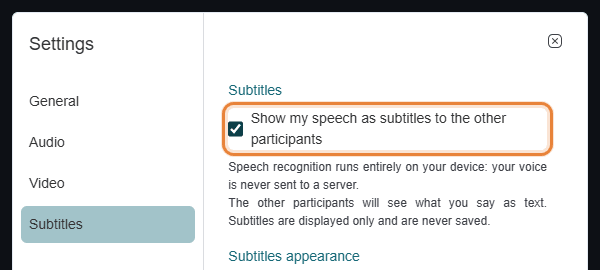 Show my speech as subtitles to the other participants checkbox in the Subtitles settings