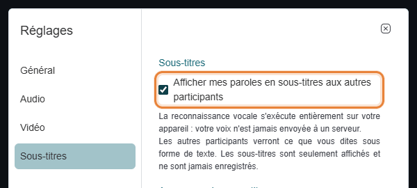 Case Afficher mes paroles en sous-titres aux autres participants dans les réglages Sous-titres