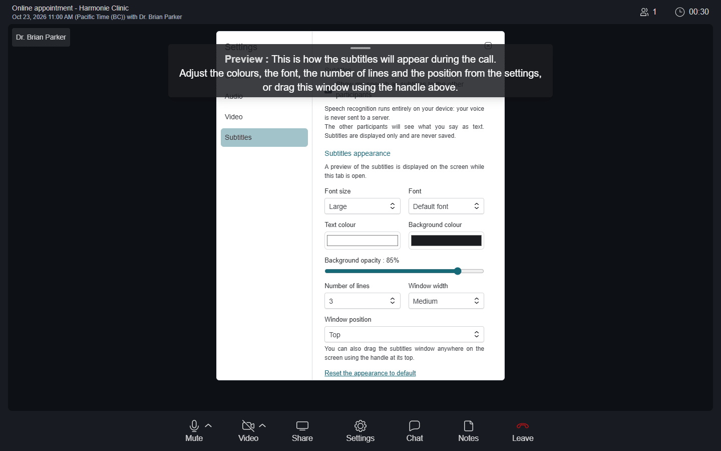 Preview of the subtitles window moved to the top of the screen with a larger font