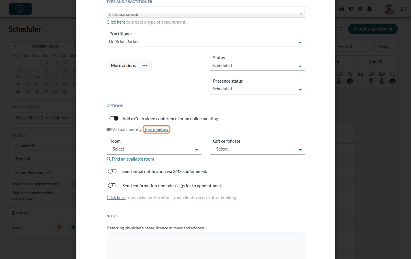 Join meeting link in the Options section of the appointment