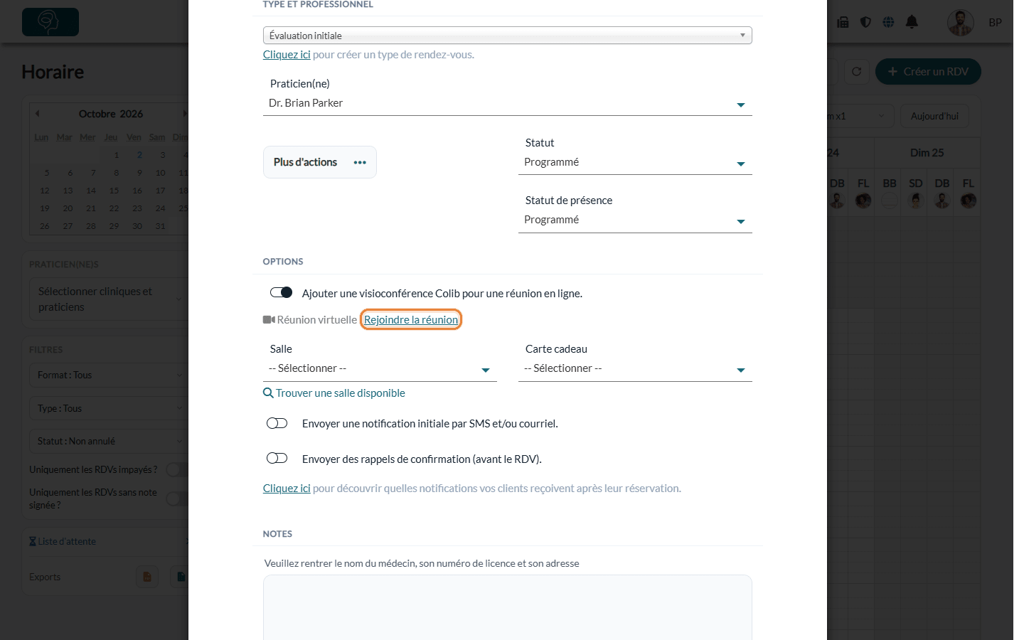 Lien Rejoindre la réunion dans la section Options du rendez-vous