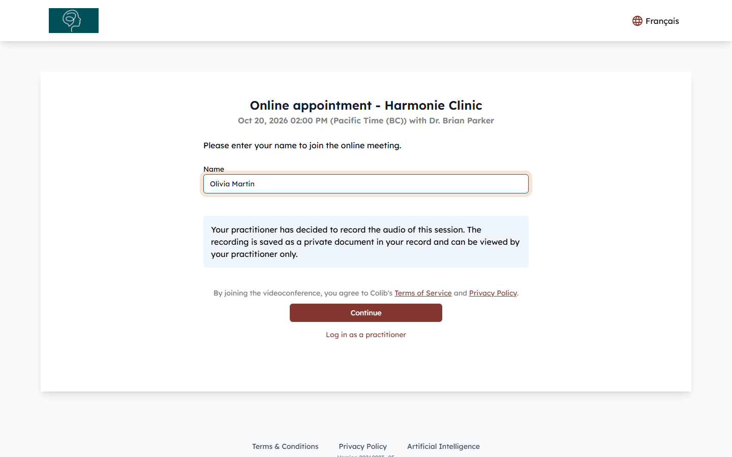Meeting page with the Name field and the Continue button
