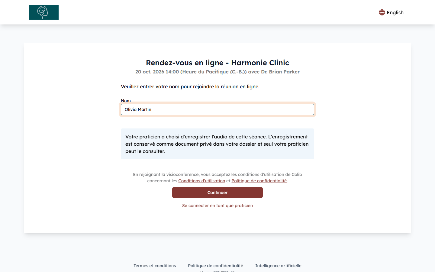 Page de la rencontre avec le champ Nom et le bouton Continuer