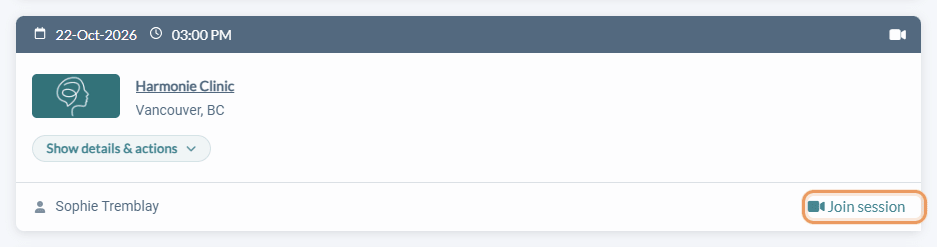 Join session button on an online appointment in the client portal
