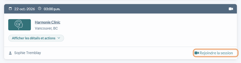 Bouton Rejoindre la session d'un rendez-vous en ligne dans le portail client