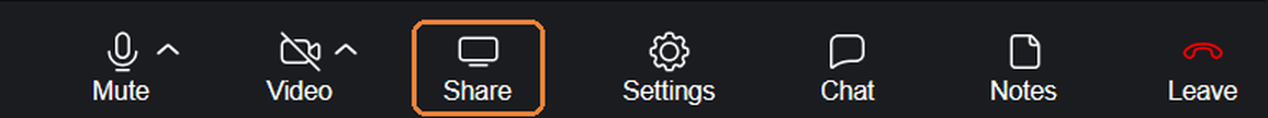 Share button in the control bar at the bottom of the video session