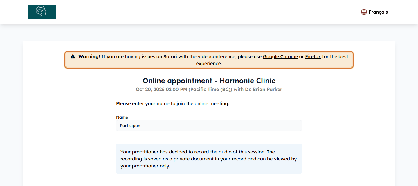 Warning suggesting Google Chrome or Firefox on the meeting page opened with Safari