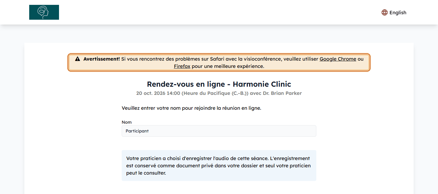 Avertissement suggérant Google Chrome ou Firefox sur la page de la réunion ouverte avec Safari