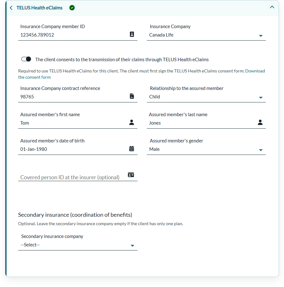 Client consent in the TELUS Health eClaims section of the client record