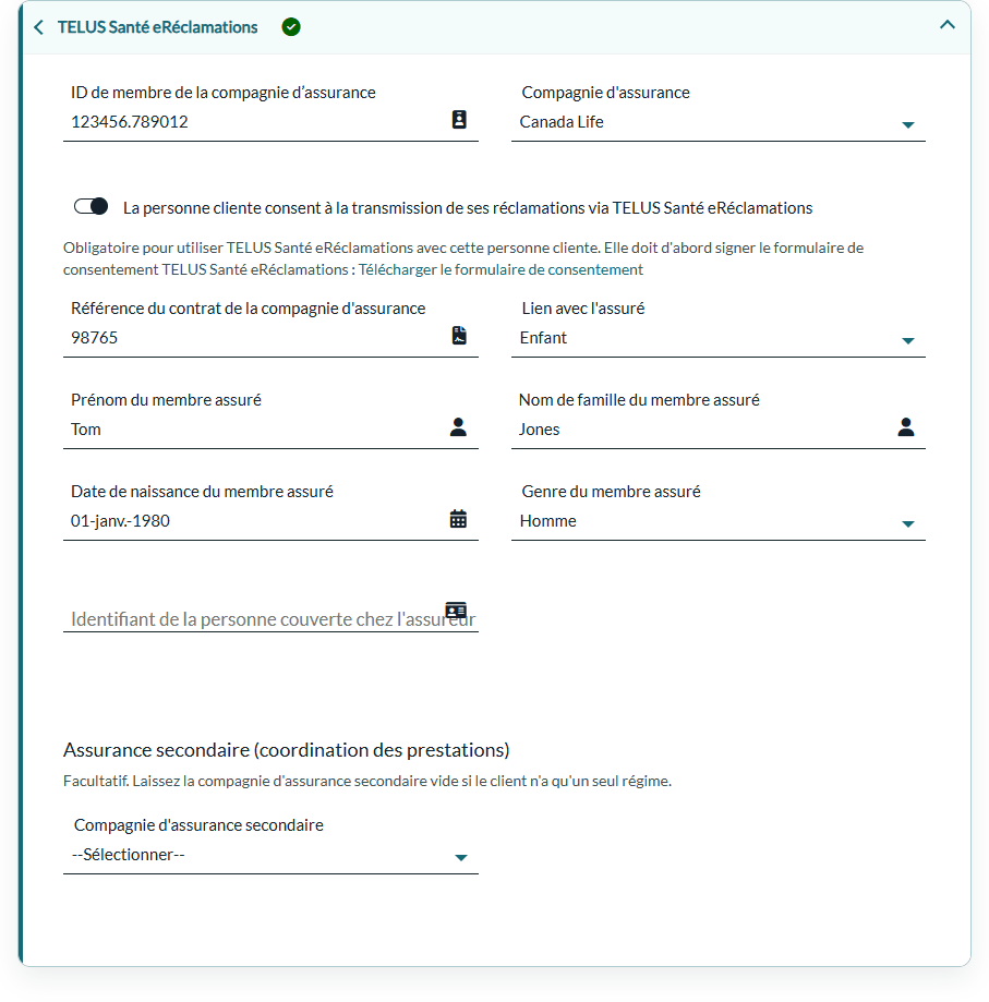 Consentement du client dans la section TELUS Santé eRéclamations du dossier client