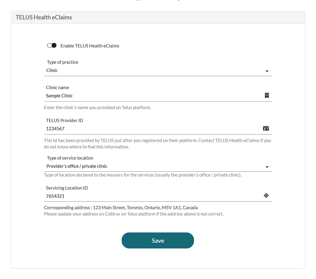 TELUS Health eClaims settings in Settings > Direct Billing