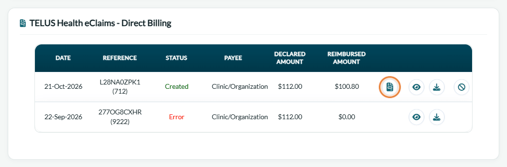 Add claim to invoice icon in the claim's row