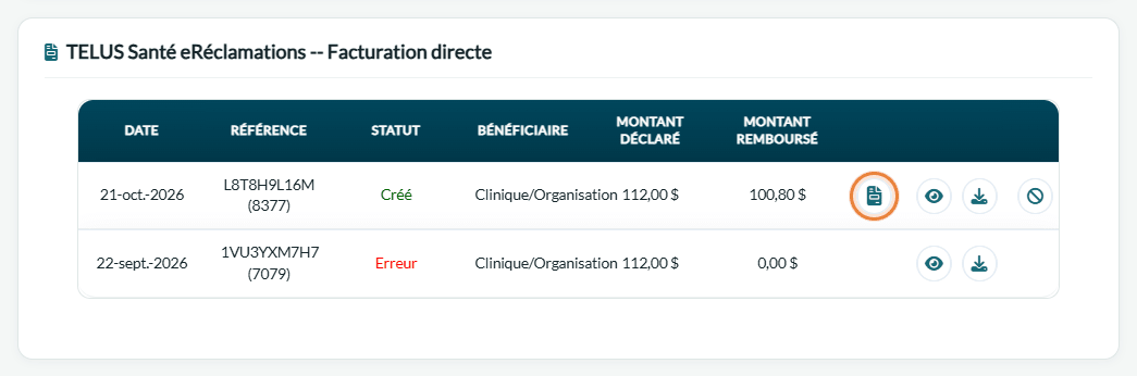 Icône Ajouter une réclamation à la facture dans la ligne de la réclamation