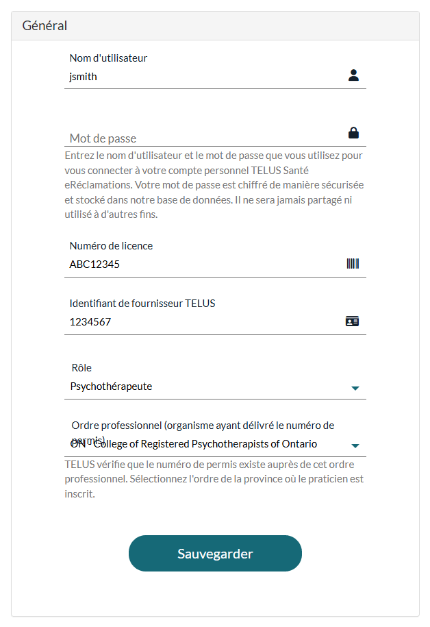 Onglet TELUS Santé eRéclamations des réglages personnels