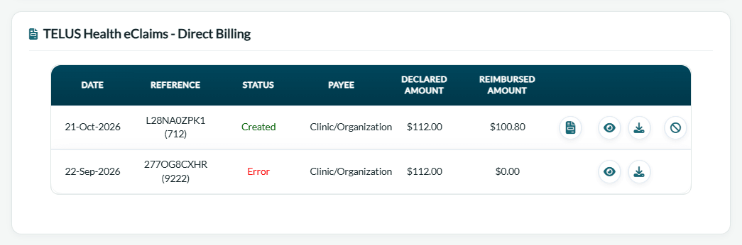 Claims of the invoice in the TELUS Health eClaims card