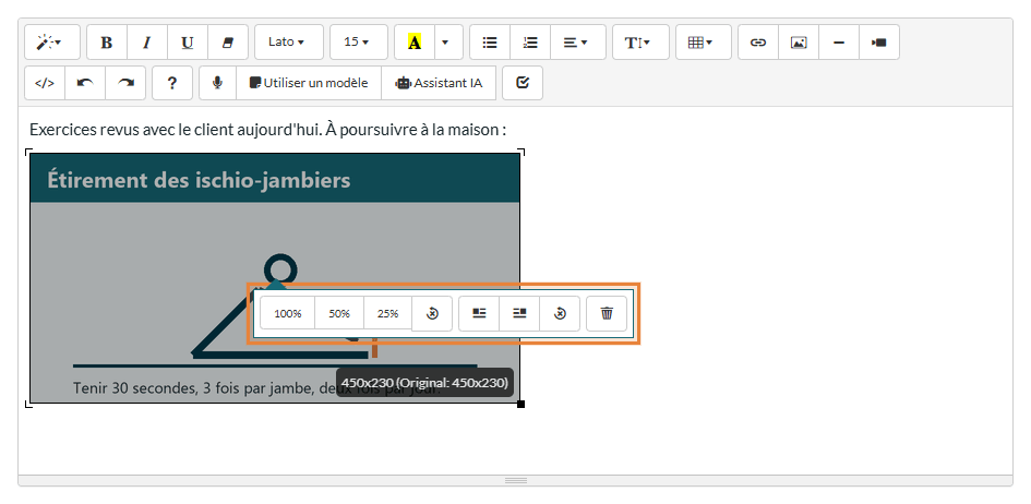 Barre d'outils de l'image avec les boutons de taille, d'alignement et de suppression